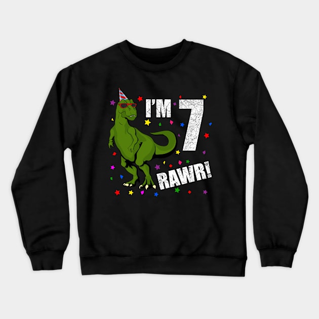 Bday Kids 7 Years Old Dinosaur Birthday Crewneck Sweatshirt by KawaiiAttack